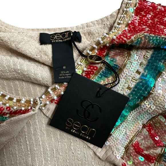 SEAN COMBS Sequined Multi Colorful Cropped Beaded Sequin Cardigan Sweater Medium - Picture 7 of 7